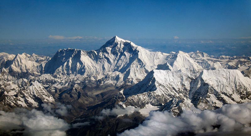 view of mount everest as seen from an aircraft south of mountains facing north