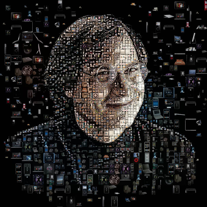 photo mosaic of steve jobs made up of apple products for discover magazine by charis tsevis