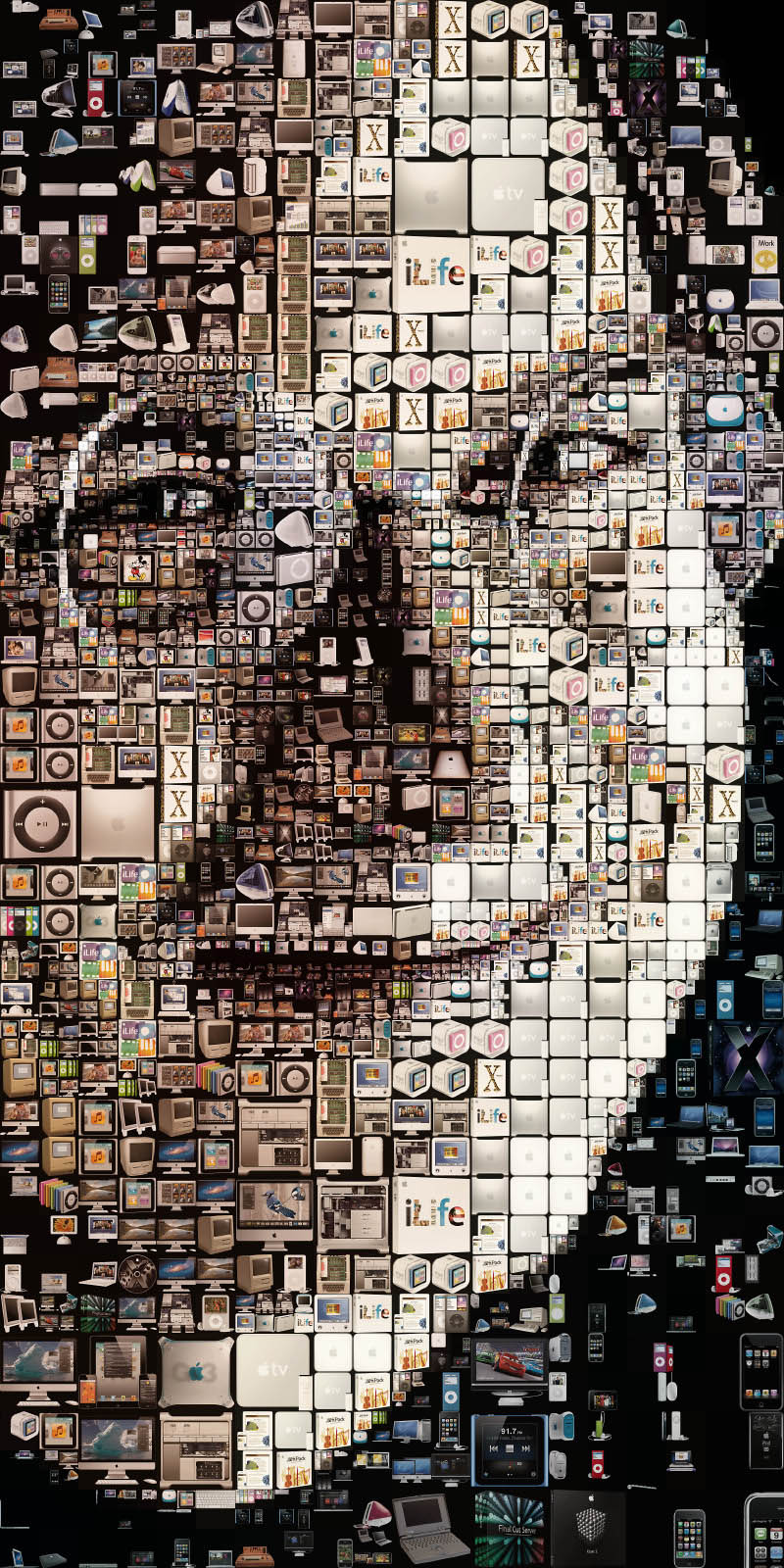 close up of steve jobs photo mosaic made of apple products