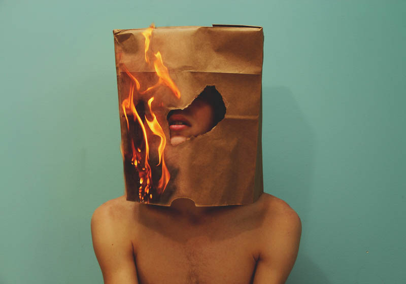 kyle thompson self portrait with paper bag on fire over his head