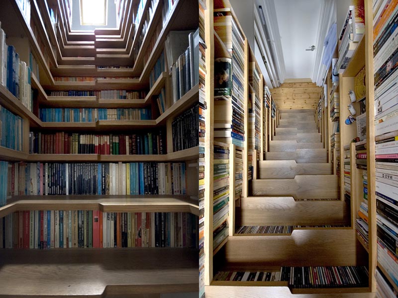 looking up and looking down a bookshelf staircase