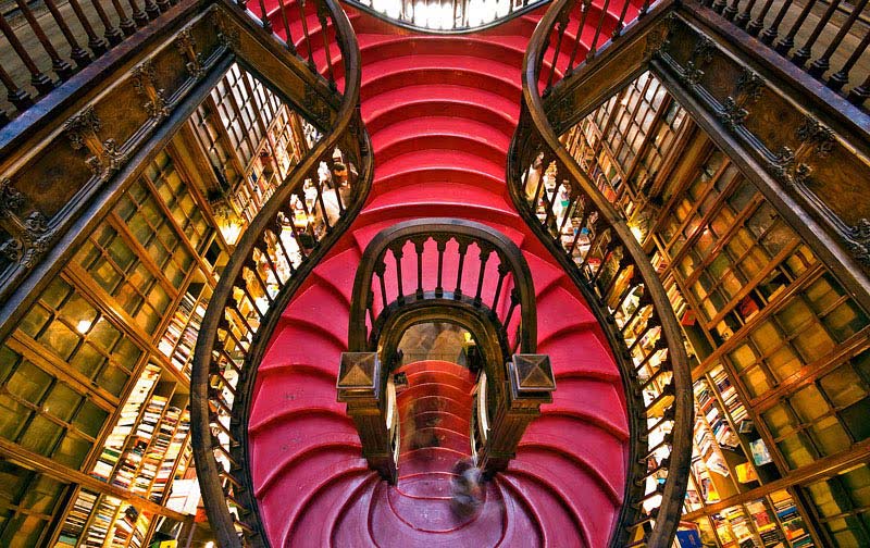 famous lello bookshop in porto portugal stairs from above