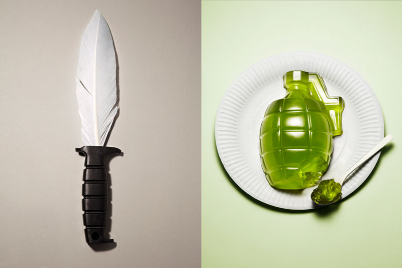 knife with feather for blad and grenade made from jello Inventive Hand Crafted Art by Kyle Bean