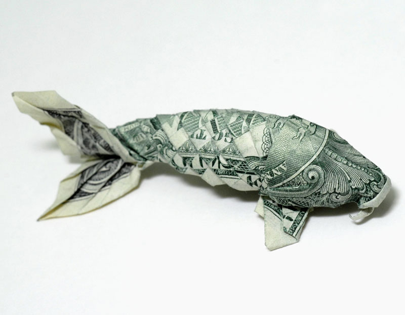 koi fish made from dollar bill origami by won park Artworks Made from a Creased Sheet of Paper
