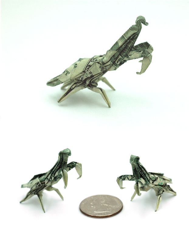 praying mantis made from dollar bill origami by won park Amazing Origami Using Only Dollar Bills