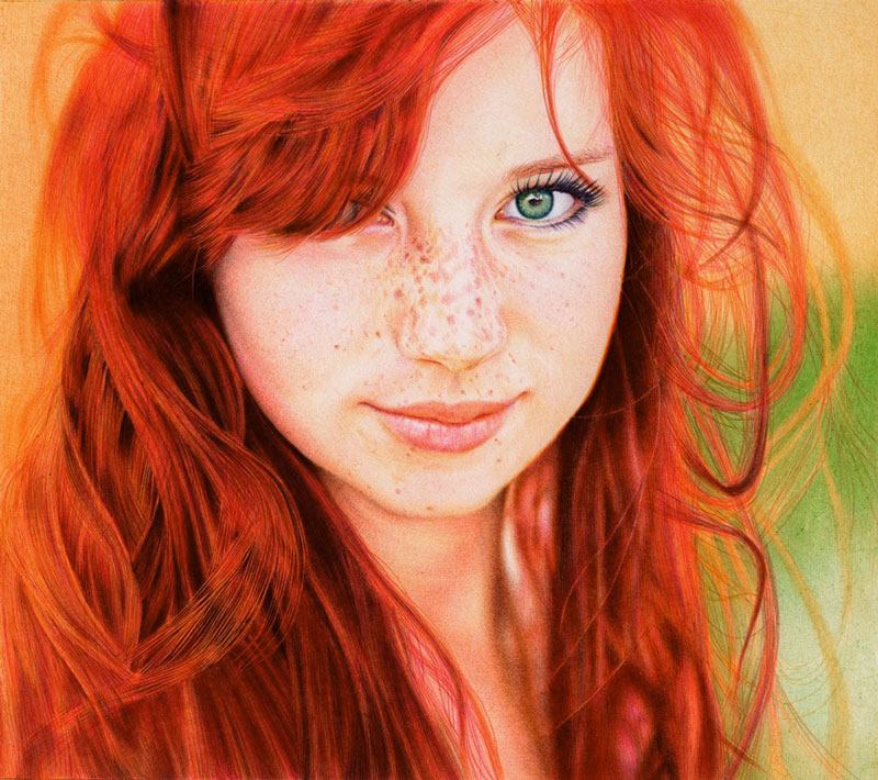 redhead girl   ballpoint pen by vianaarts Translucent Fruit Paintings by Dennis Wojtkiewicz