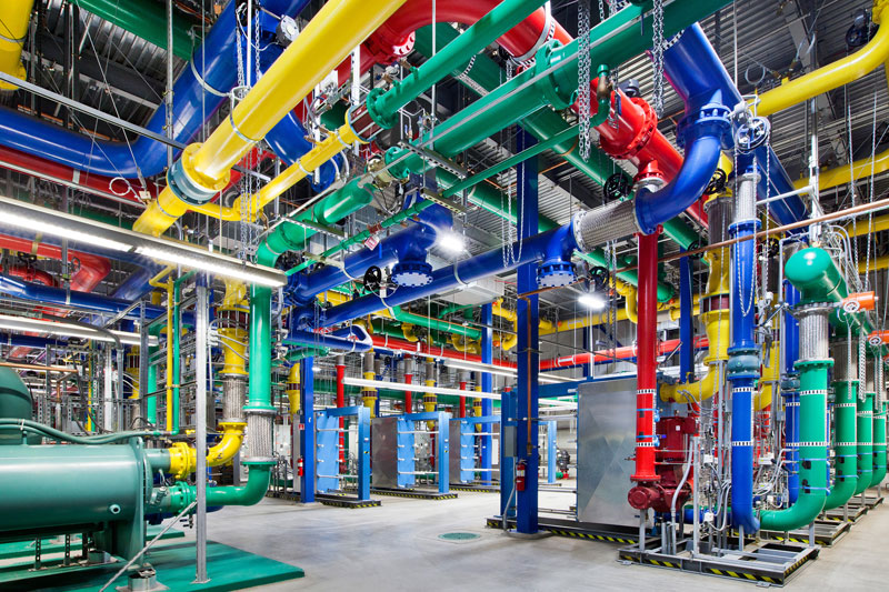 colorful pipes are responsible for carrying water in and out of our oregon data center the blue pipes supply cold water and the red pipes return the warm water back to be cooled A Photo Tour of Google Data Centers Around the World