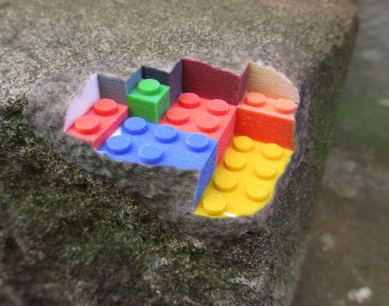 3d printed lego street art greg petchkovsky 1 3D Printed LEGO Block Blended into a Chipped Step