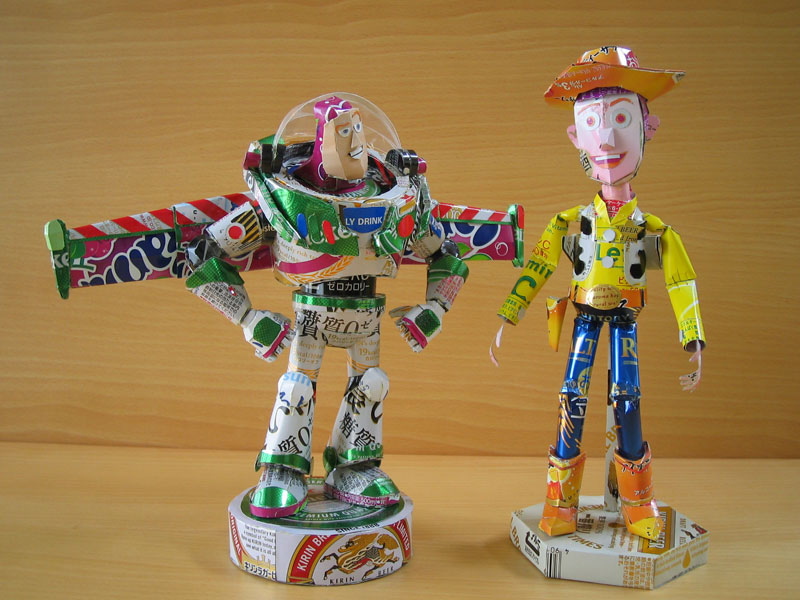buzz lightyear woody  made from aluminum cans japanese artist makaon