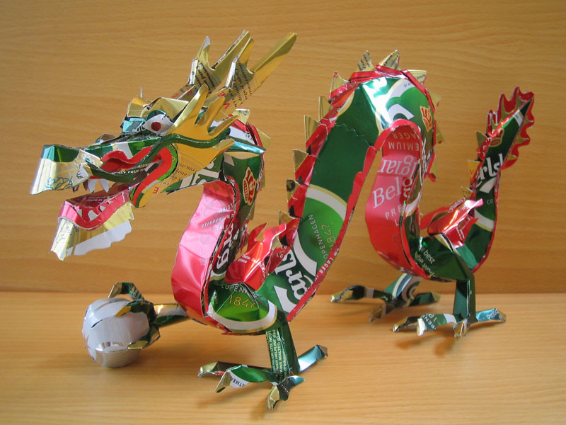 dragon  made from aluminum cans japanese artist makaon