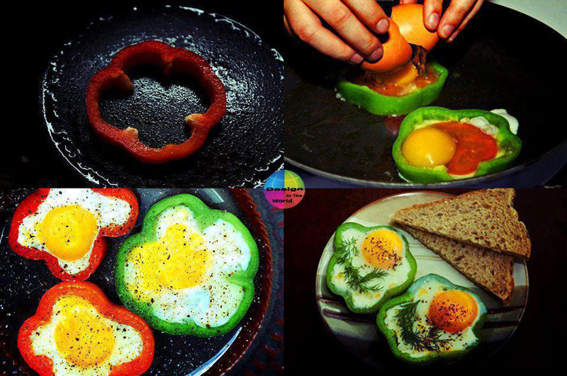 eggs cooked inside red green bell peppers 12 Delicious Dishes Served Inside Other Foods