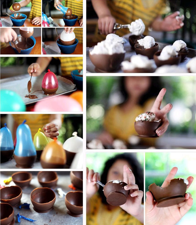 ice cream chocolate bowls made with a balloon 12 Delicious Dishes Served Inside Other Foods