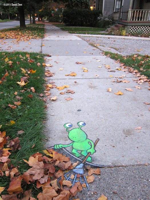 lazy leafraker by david zinn Street Art That Only Appears When It Rains