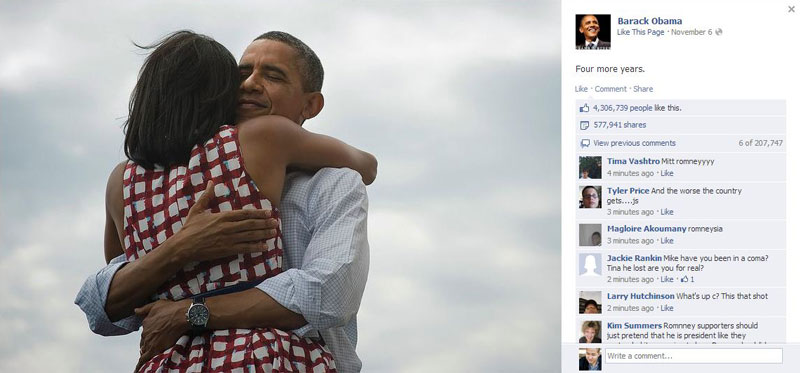 picture of facebook with most likes barack obama four more years The Most Liked and Retweeted Photo in History