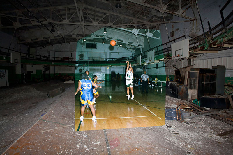 detroit cass tech now and then blended photos into abandoned school building detroit urbex (11)