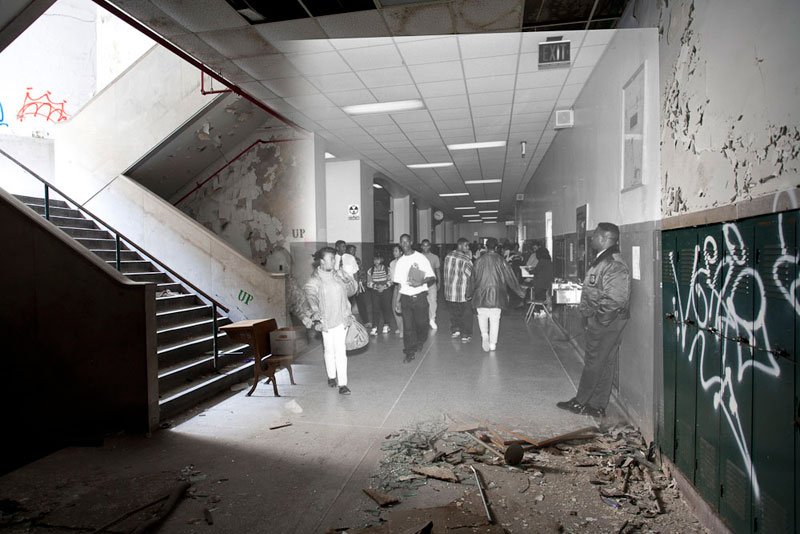 detroit cass tech now and then blended photos into abandoned school building detroit urbex (12)