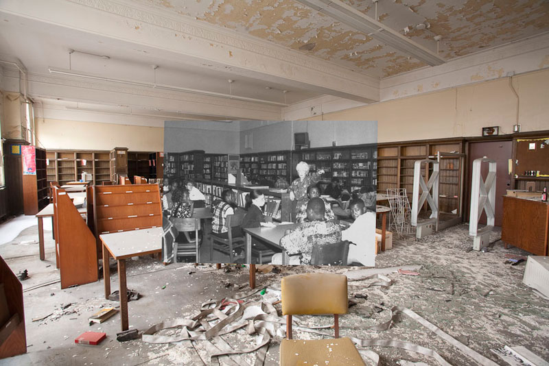 detroit cass tech now and then blended photos into abandoned school building detroit urbex (13)