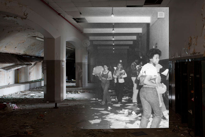 detroit cass tech now and then blended photos into abandoned school building detroit urbex (6)