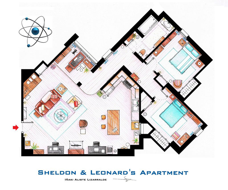 sheldon and leonard s apartment floor plan from tbbt by inaki aliste lizarralde nikneuk Artist Imagines Architecture in the Film Style of Famous Directors