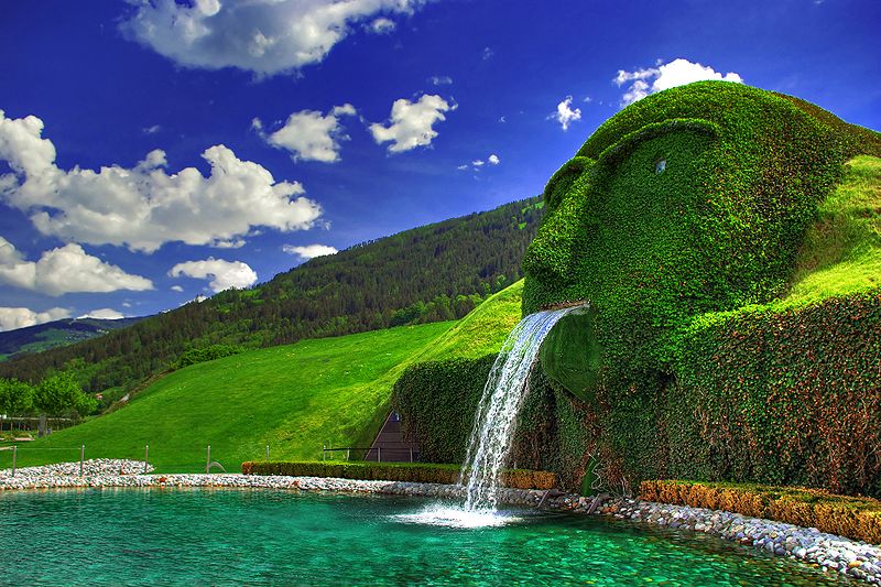 Giant fountain waterspout entrance to the Swarovski Kristallwelten Crystal Worlds in Wattens Austria