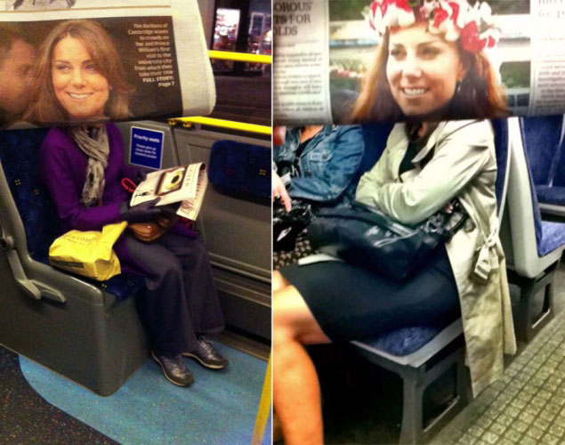 newspaper magazine faces in front of actual people on subway metro tube (2)