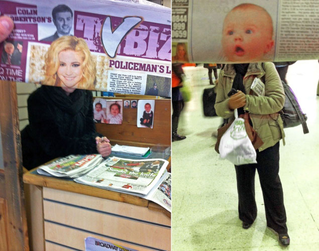 newspaper magazine faces in front of actual people on subway metro tube (5)