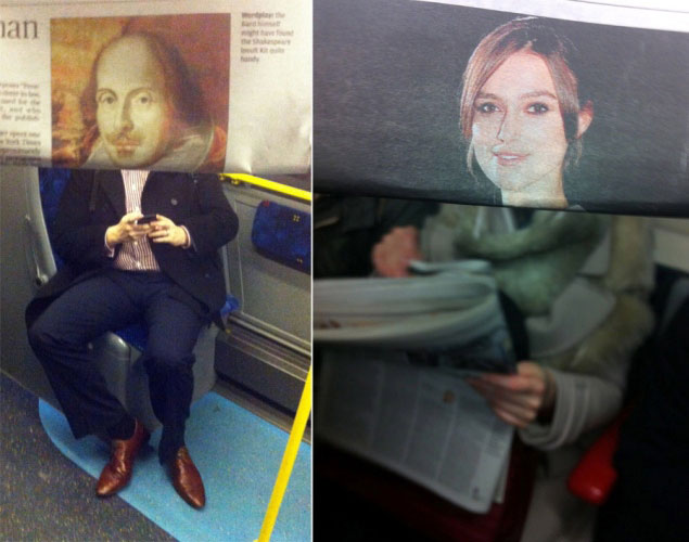 newspaper magazine faces in front of actual people on subway metro tube (7)