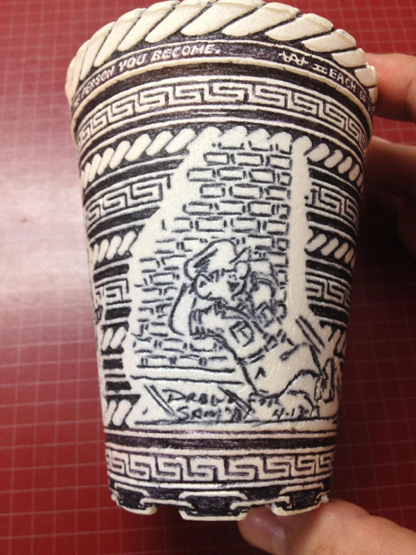 styrofoam coffee cup art with a pen inside and out william hersey (1)