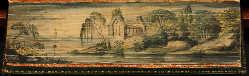 church ruins by lakefront fore edge book painting 40 Hidden Artworks Painted on the Edges of Books