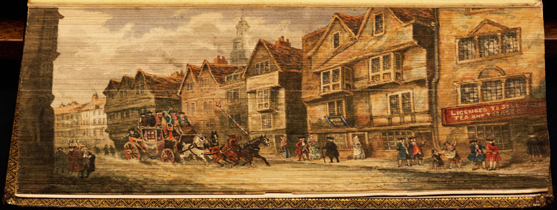 view of carriages fore edge book painting 40 Hidden Artworks Painted on the Edges of Books