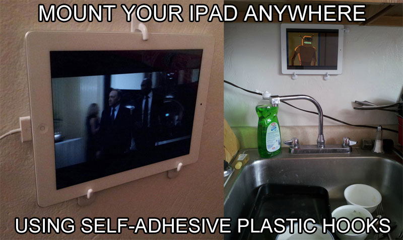 ipad mount using plastic hooks 40 Clever Life Hacks to Simplify your World