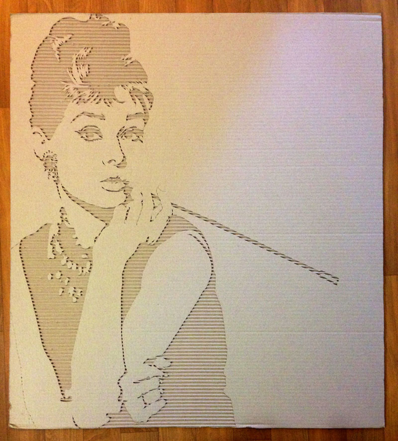 Celebrity Portraits Carved into Corrugated Cardboard Audrey-Hepburn