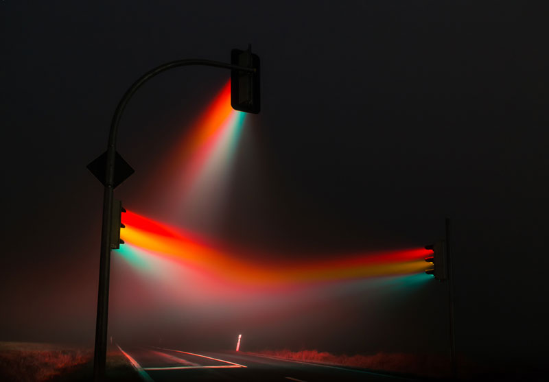 traffic lights in the fog long exposure by lucas zimmerman 1 Night Time Landscape Photos Completely Illuminated by Moonlight