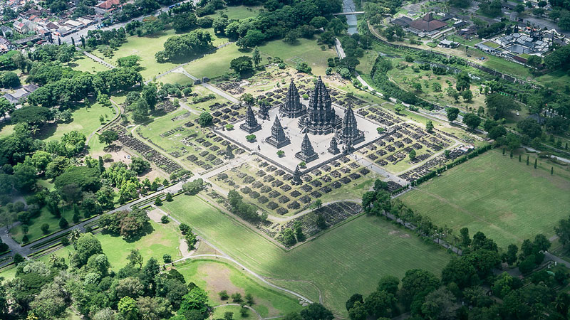 prambanan temple aerial from an airplane