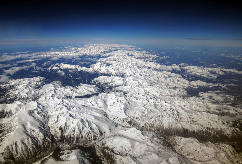 The Pyrenees mountain range from above aerial airplane view