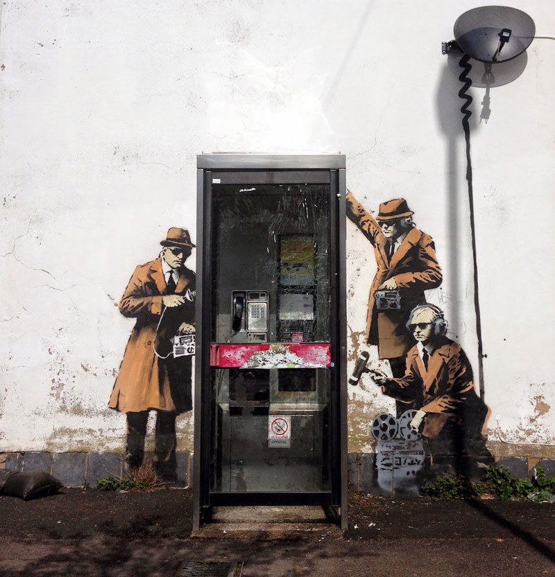 banksy wiretapping telephone booth 2014 Banksy Unveils Two New Artworks 