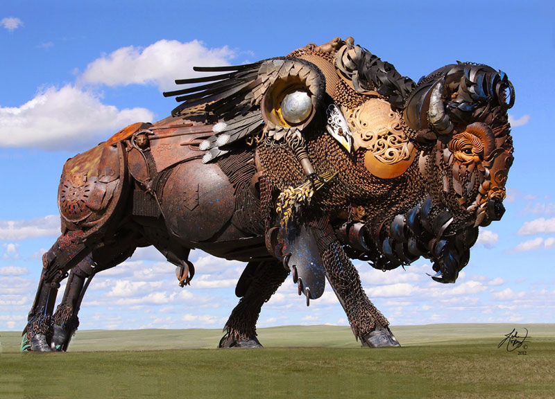 scrap metal bison by john lopez 3 Artist Only Uses 12 Inch Nails to Create Sculptures