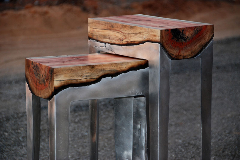 molten metal meets wood furniture hilla shamia 1 Sparkle Tables that Come to Life with Sunlight