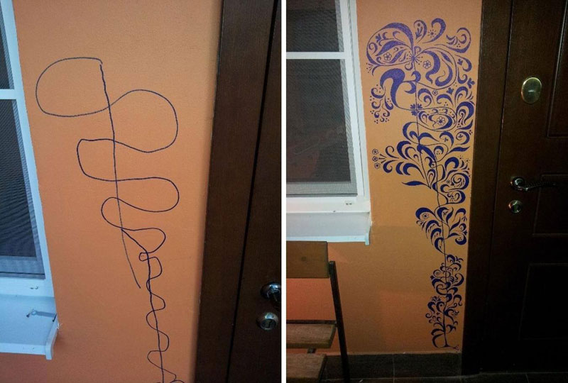 mother improves child's scribble on wall
