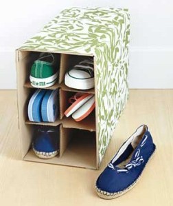 using an old wine box as a shoe rack