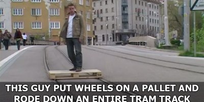 This Guy Put Wheels on a Pallet and Rode Down an Entire Tram Track