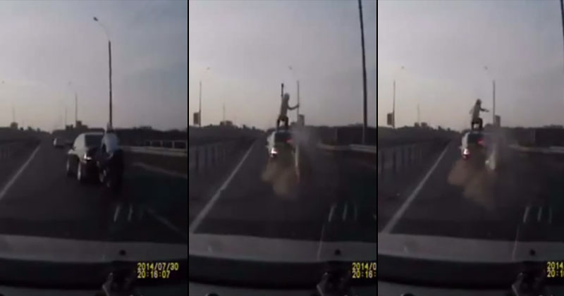 Motorcyclist Crashes at High Speed, Lands Perfect Front Flip onto Roof of Moving Car