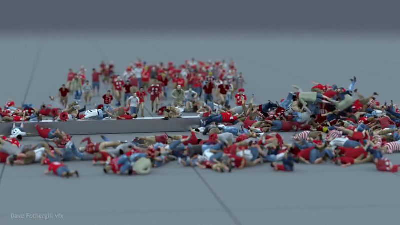 Just Hundreds of CGI People Running Into a Swinging Metal Fence