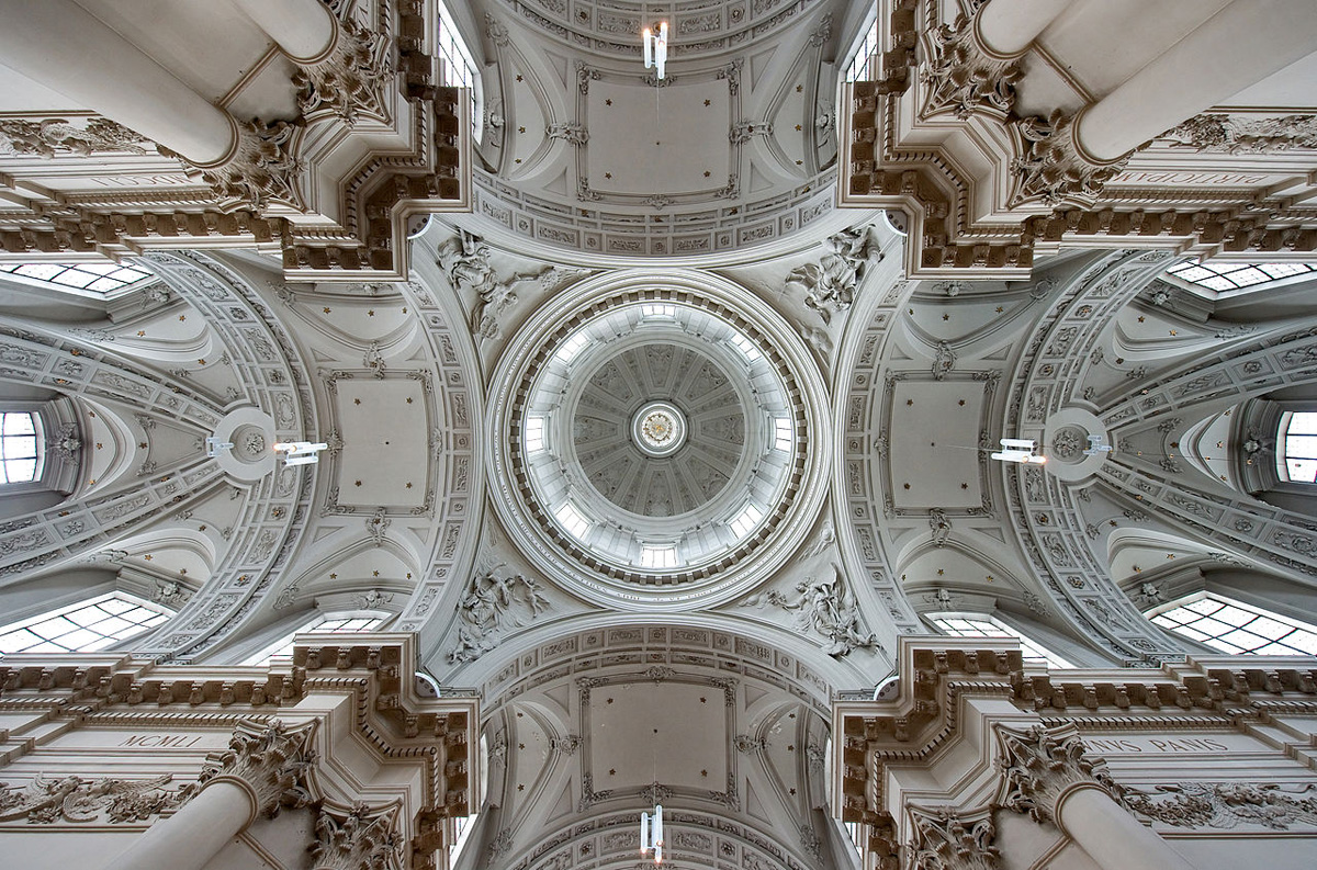 vaulted ceilings and dome of st aubin's cathedral belgium