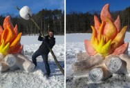 Artist Makes Giant Fire and Marshmallow Out of Snow