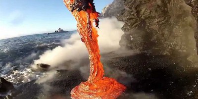 Extremely Close-Up Footage of Lava Spilling Into Water
