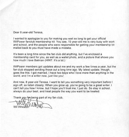 wil wheaton fan club letter 20 Amazing Letters Worth Reading