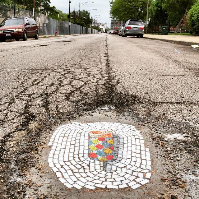 Artist Bachor Fills Potholes with Food and Flower Mosaics (1)