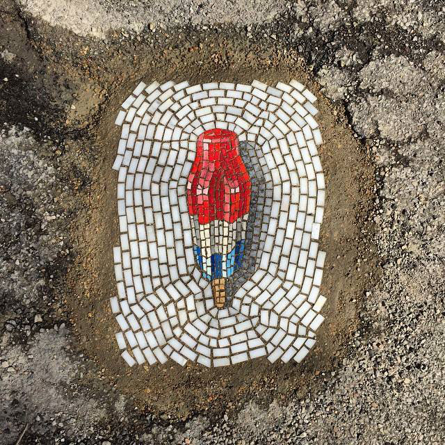 Artist Bachor Fills Potholes with Food and Flower Mosaics (12)