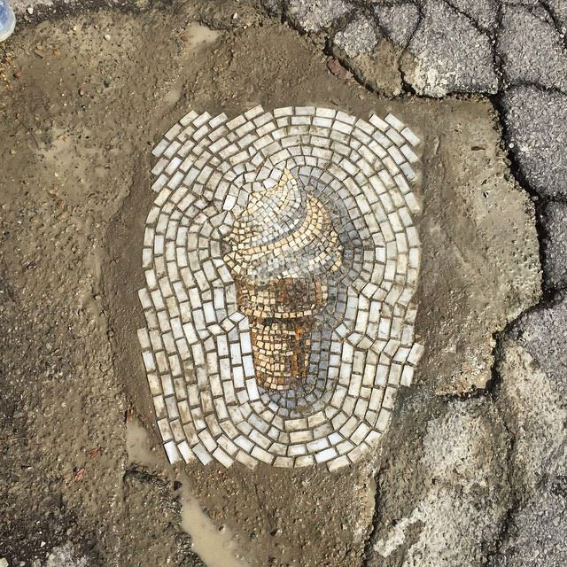 Artist Bachor Fills Potholes with Food and Flower Mosaics (14)